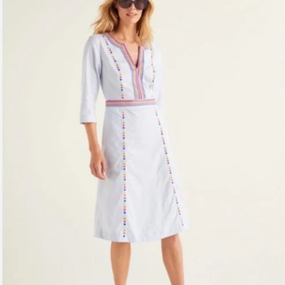 Boden Catherine Embroidered Striped/Polka Dot Midi Fit & Flare Blue/White Dress